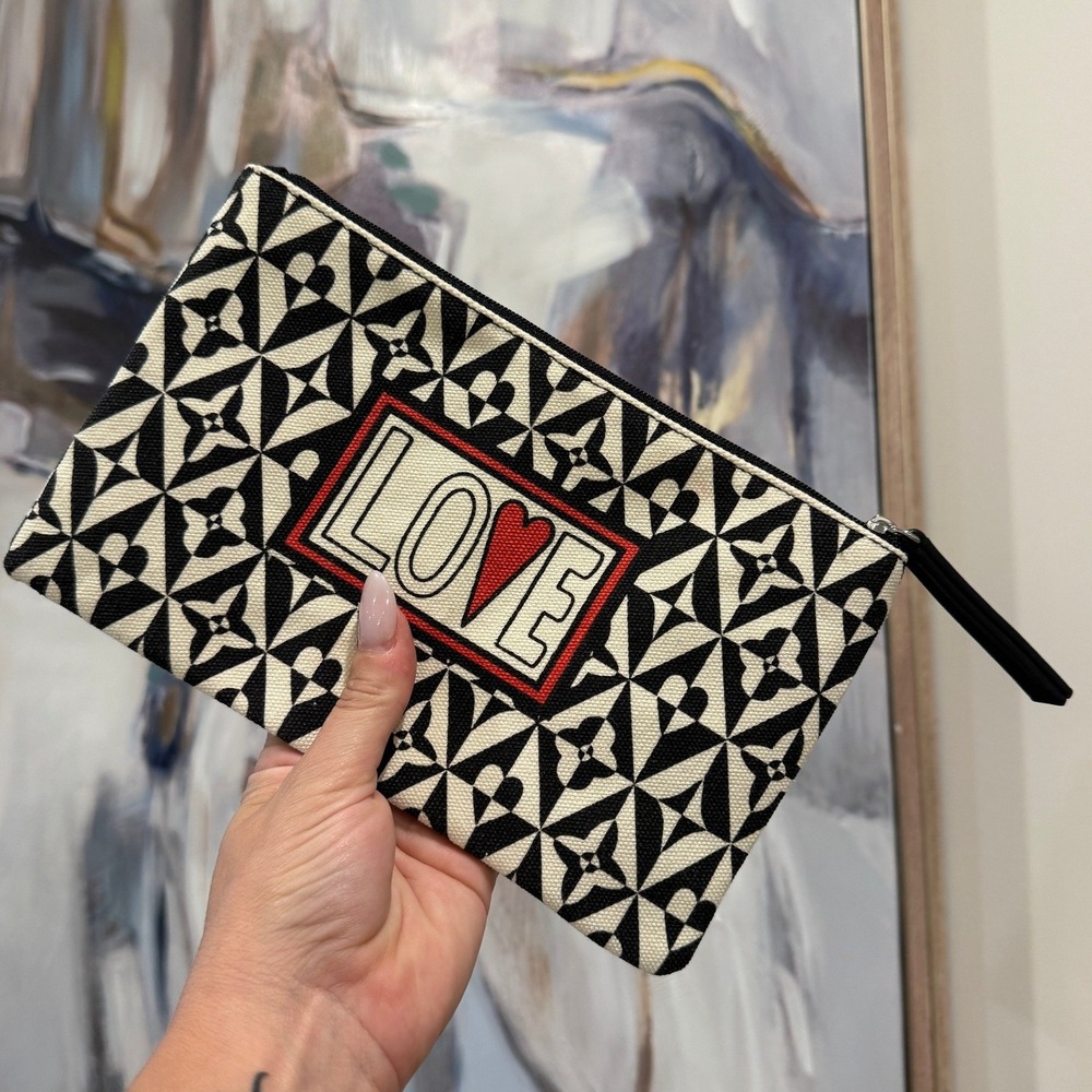 Brighton Love Canvas Travel Pouch Black White Geometric Heart Clutch Bag EUC